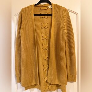 Textured Mustard Open-Front Cardigan with Front Bow Accents